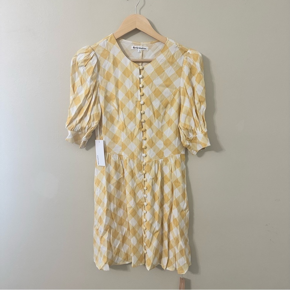 Reformation NEW Laylin Dress in Bodie Yellow Check Checkered Mini NWT 4